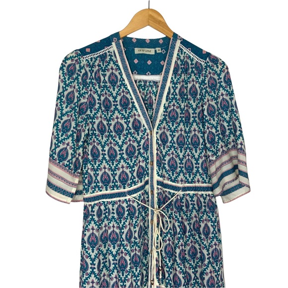 FP To Love Womens V Neck Button Up Midi Dress Medium Blue Pink Drawstring Waist - Picture 3 of 7